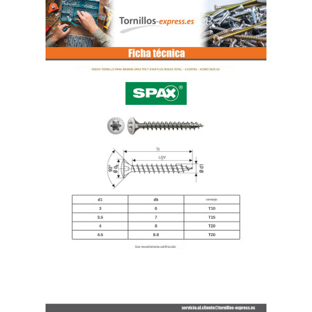 1 x Spax Tornillo madera cabeza fresada abombada T-STAR TORX T20 4X40 roscado total Inoxidable A2