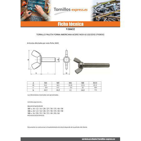 1 x Tornillo mariposa M8X25 forma americana Inoxidable A2