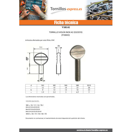 1 x Tornillo VIOLÍN M8X40 Inoxidable A2