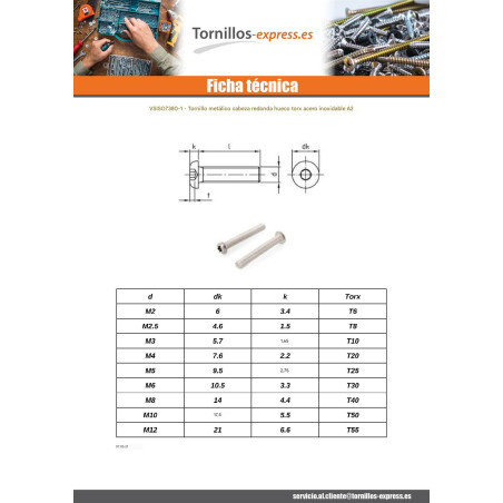 1 x Tornillo metales cabeza abombada TORX T8 M2.5X8 roscado total Inoxidable A2 microtornillo