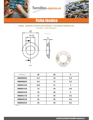 1 x Arandela cónica forma C Inoxidable A2 15X28X5