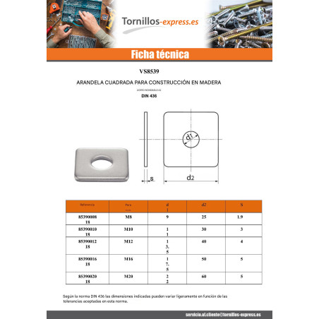 1 x Arandela cuadrada para construcción madera M22 24X70X6 Inoxidable A2