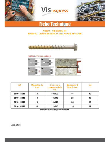 1 x Tornillo Hormigón Bimetal Inoxidable A4...