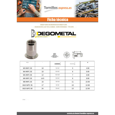 1 x Tuerca remachable cabeza plana dentado M3X10 INPC 30