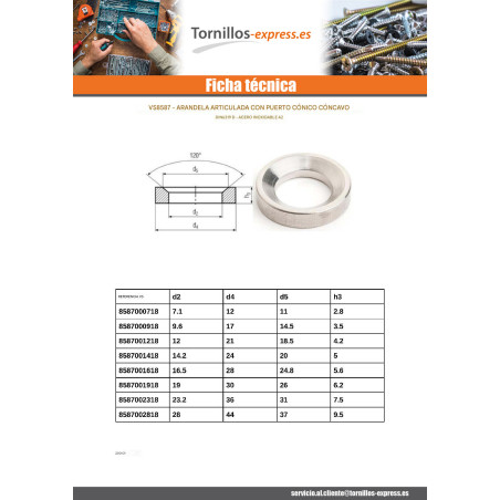 1 x Arandela CÓNCAVO forma D Inoxidable A2 16,5 x 28 x 5,6