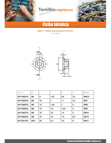 1 x Tuerca hexagonal M8 cautivo 18 Inoxidable A2