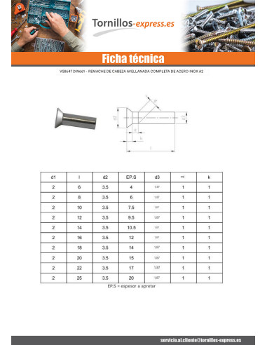 1 x Remache macizo cabeza fresada/testa svasat...