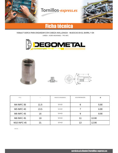 1 x Tuerca remachable cabeza fresada/testa...