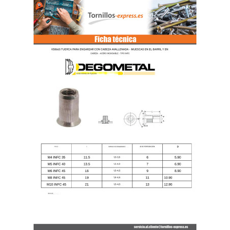 1 x Tuerca remachable cabeza fresada/testa svasat dentado M8X19 INFC 45 Inoxidable A2