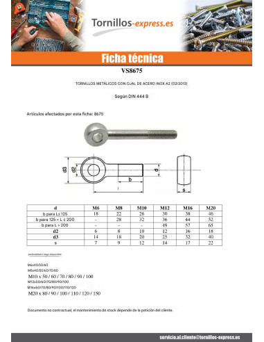 1 x Tornillo metales con ojo M16X100 ojo 16...