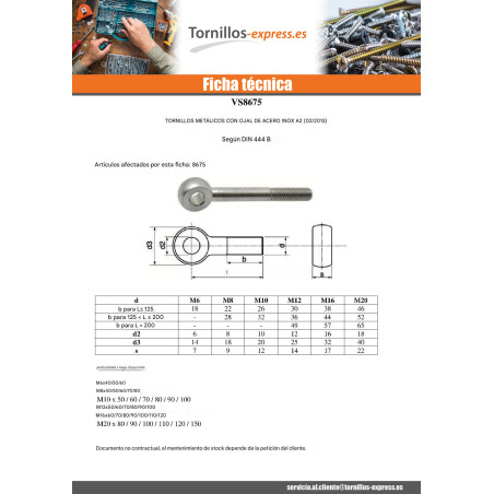 1 x Tornillo metales con ojo M10X50 ojo 10 Inoxidable A2