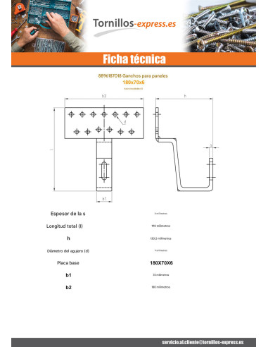1 x Gancho para panel solar 180X70X6 Inoxidable A2