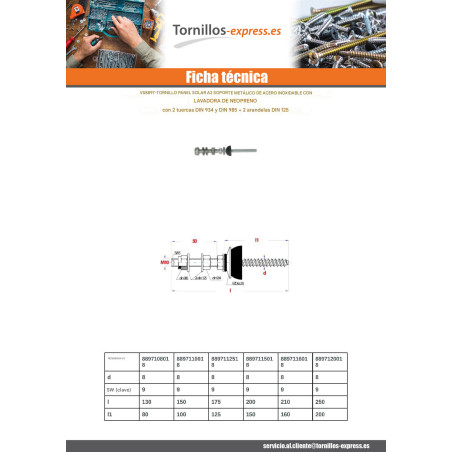 1 x Tornillo para panel solar M10X100 longitud total 150 Inoxidable A2