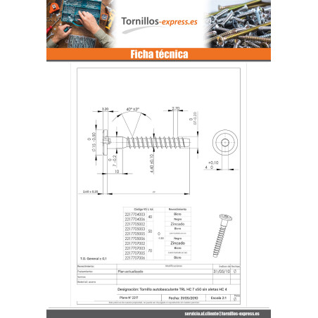 1 x Tornillo autotaladrante confirmat cabeza redonda ancha hexagonal hueco 7X50 Acero latonado