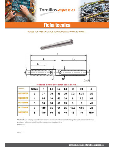 1 x Punta remachable roscado paso recta Cable 6...