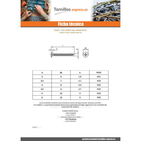 1 x Tornillo madera aglomerado cabeza fresada/testa svasat Pozi PZ4 4X35 roscado total Inoxidable A4