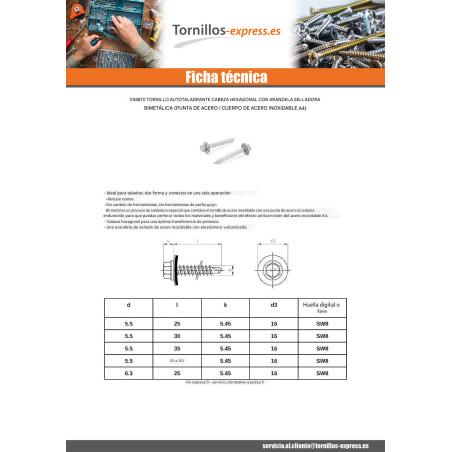 1 x Tornillo autoperforante Bimetal Acero / Inoxidable A4 cabeza hexagonal Arandela de estanqueidad con junta de neopreno