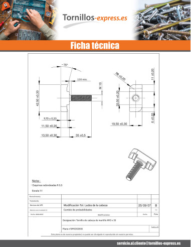1 x Tornillo metales cabeza martillo M10X35 Inox