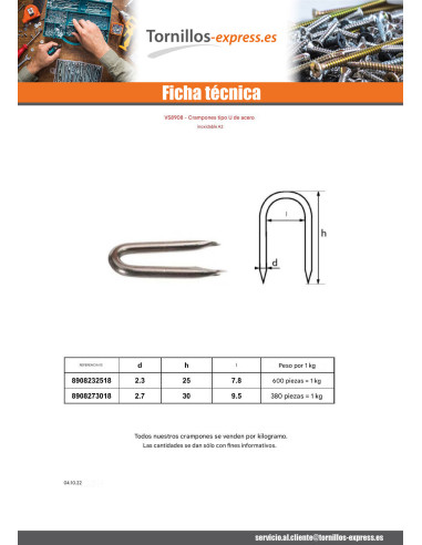 1 x KG Grapones Inoxidable A2 2.7X30