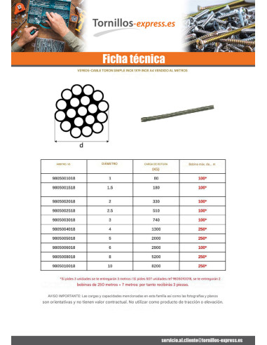 1 x Metro de Cable metálico diámetro 6...