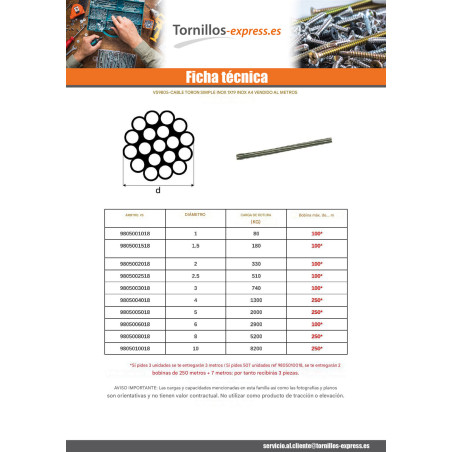 1 x Metro de Cable metálico diámetro 6 Inoxidable A4 1X19 carga de rotura 2900 kg (vendido por metro)
