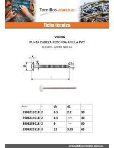 Punta ANILLADO cabeza PLASTIFICADO 2.1X30 Inoxidable A4 2