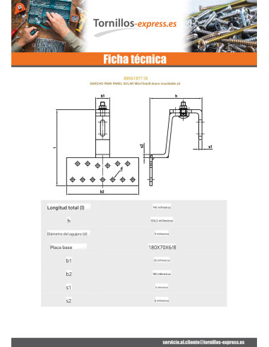 1 x Gancho para panel solar 180X70X6 /8...
