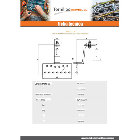 1 x Gancho para panel solar 180X70X6 /8 Inoxidable A2
