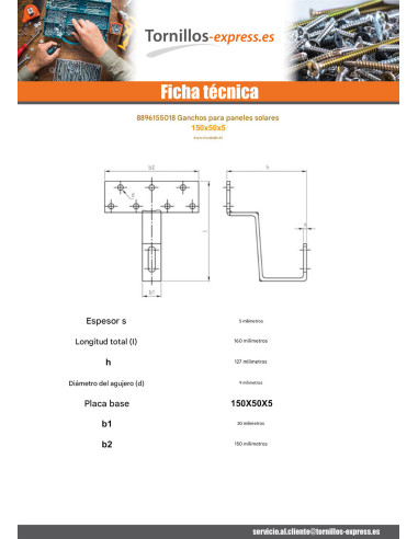 1 x Gancho para panel solar 150X50X5 Inoxidable A2