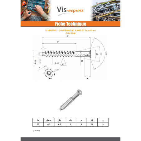1 x Tornillo autotaladrante confirmat cabeza fresada/testa svasat hexagonal hueco 6.3X50 rosca chapa SS dentado Acero