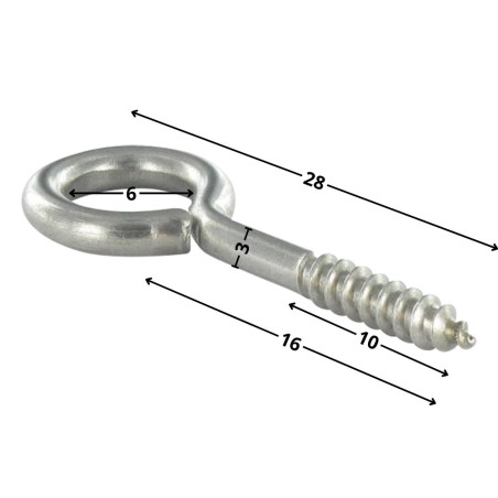 1 x Tornillo de ojo madera 3X16 roscado en 10 longitud total 28 ojo 6 Inoxidable A2