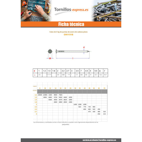 1 x Kg de puntas Acero bruto cabeza plana 2.5X50