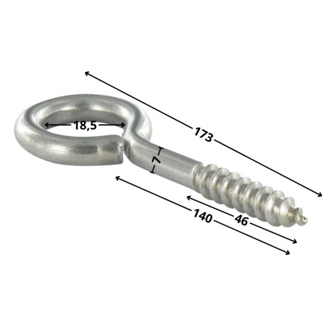 1 x Tornillo de ojo madera 7X140 roscado en 46 longitud total 173 ojo 18.5 Inoxidable A2