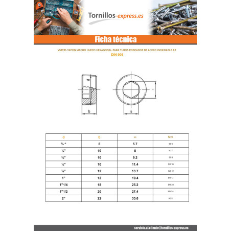 1 x Tornillo de cierre macho hexagonal hueco 10X9.2 llave de 8 3/8" Inoxidable A2