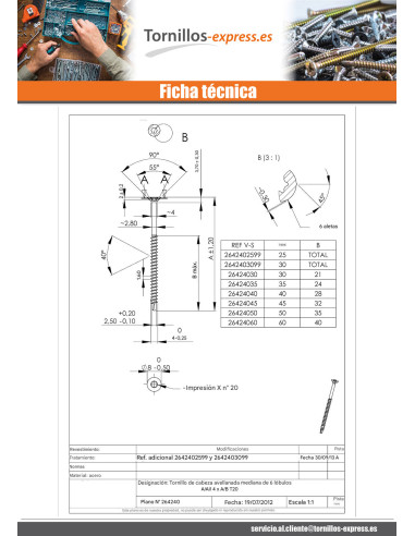 1 x Tornillos medium cabeza fresada/testa...