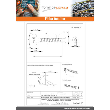 1 x Tornillo autotaladrante confirmat cabeza fresada/testa svasat hexagonal hueco 7X70 rosca chapa SS dentado Acero