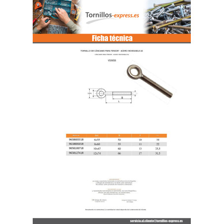 1 x Tornillo de ojo para tensor ojo 17 Inoxidable A2 12X74