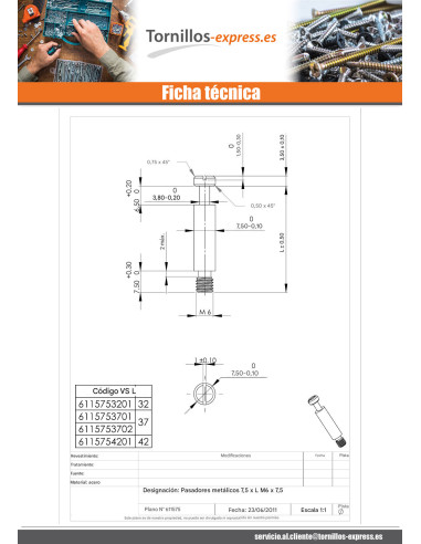 1 x Espigas metales Acero cincado blanco 7.5X37...