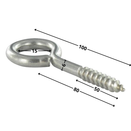 1 x Tornillo de ojo madera 6X80 roscado en 50 longitud total 100 ojo 15 Inoxidable A2