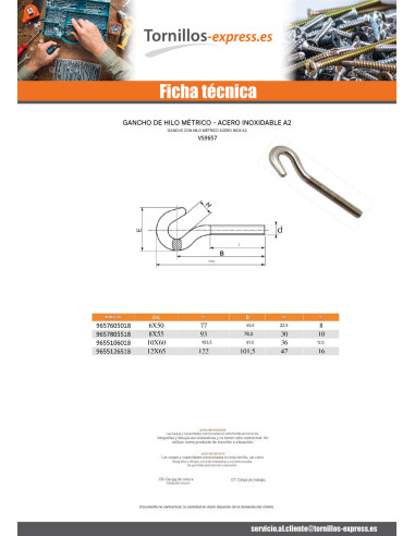 1 x Gancho con roscado métrico Inoxidable A2 8X55