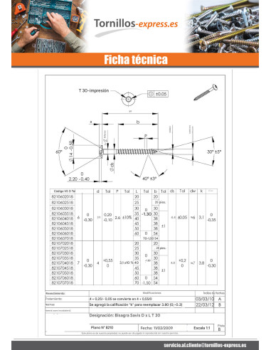 1 x Tornillo pernio 7X45 roscado total TORX T30...
