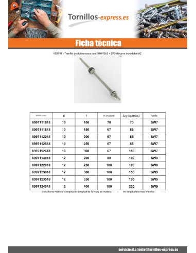1 x Tornillos para paneles solares SW9 12X250...