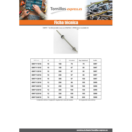 1 x Tornillos para paneles solares SW7 10X180 Inoxidable A2