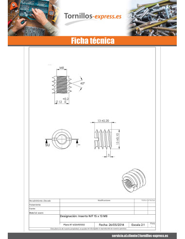 1 x Inserto ranura Acero cincado blanco M8 15X13