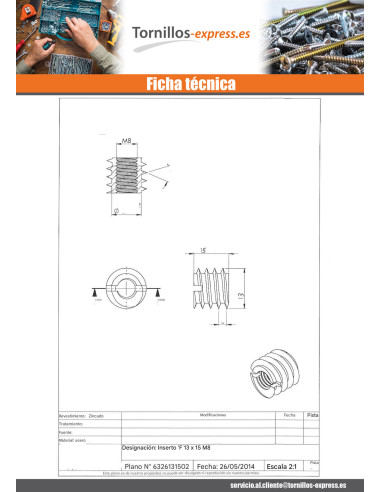 1 x Inserto ranura Acero cincado blanco M8 13X15