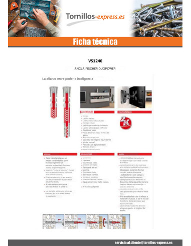 1 x Taco Nylon DUOPOWER Fischer 8X65 sin Tornillos