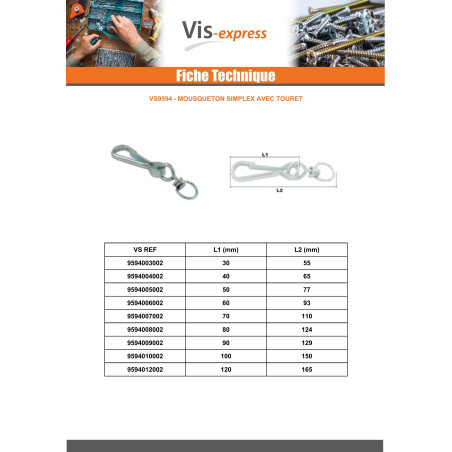 1 x Puerta Mosquetón SIMPLE longitud 30 Acero cincado blanco