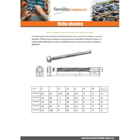 1 x Tornillo autoperforante Bimetal cabeza hexagonal resalto reborde 5.5X65 Bimetal Acero / Inoxidable A2