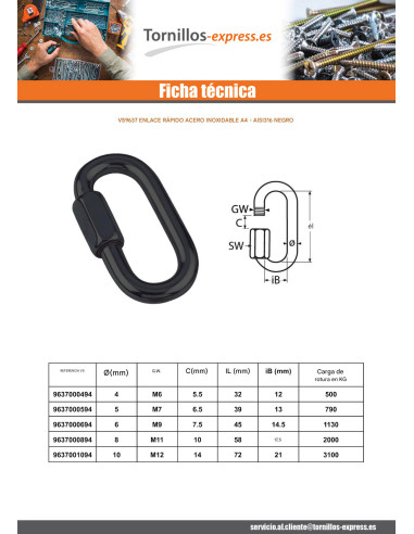 1 x Eslabón rápido Inoxidable A4 Negro 10