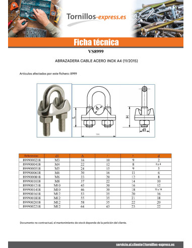 1 x Sujetacable estribo Inoxidable A4 para...